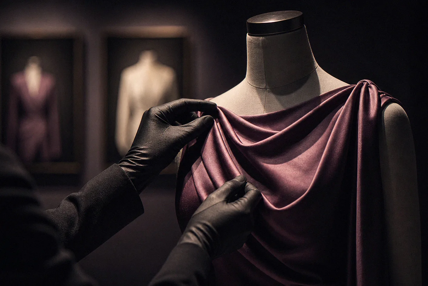 Hands adjusting a garment on a dress form under studio light