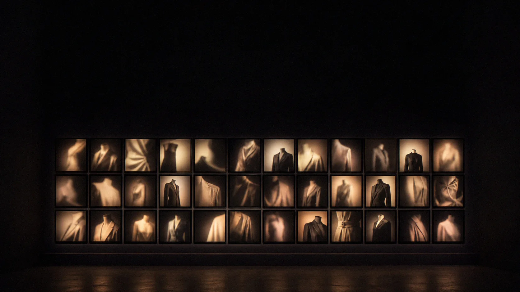 Contact-sheet panel wall of apparel frames produced by AI fashion model generator tools