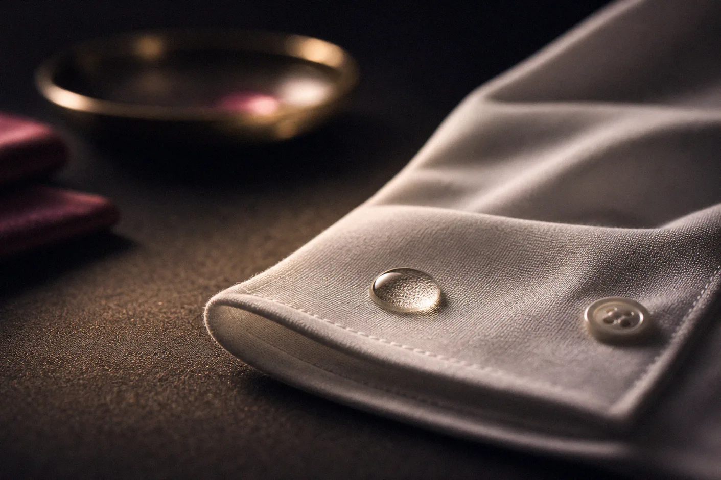 Single droplet resting on white cotton fabric in soft directional light
