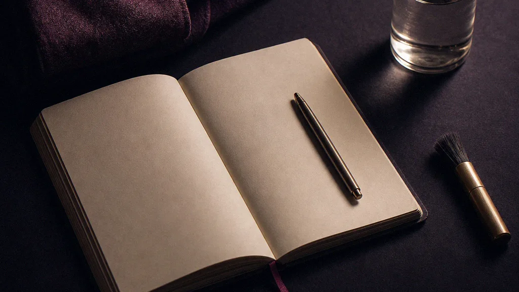 Folded garment and a notebook arranged in a still life on a dark surface