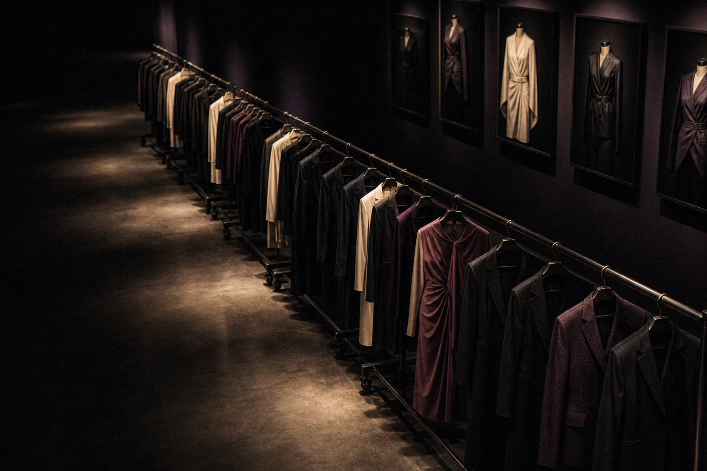 Rack of garments arranged at catalog scale in a studio space