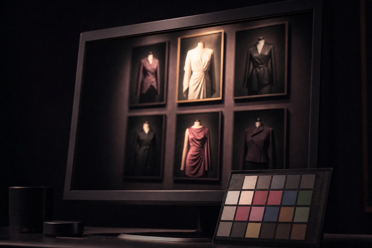 Grid of apparel frames displayed on a calibrated studio monitor
