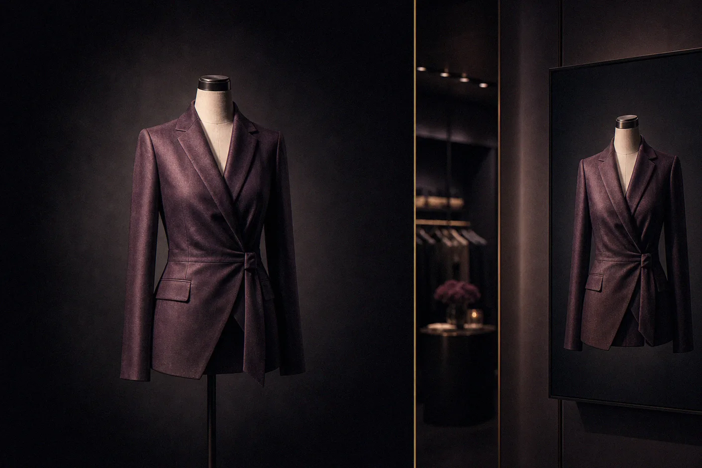 Split composition contrasting a studio setup with a storefront display