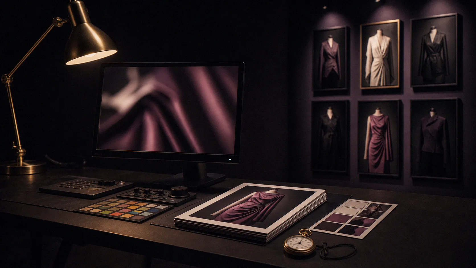 Testing bench with a calibrated monitor used for reviewing generated imagery